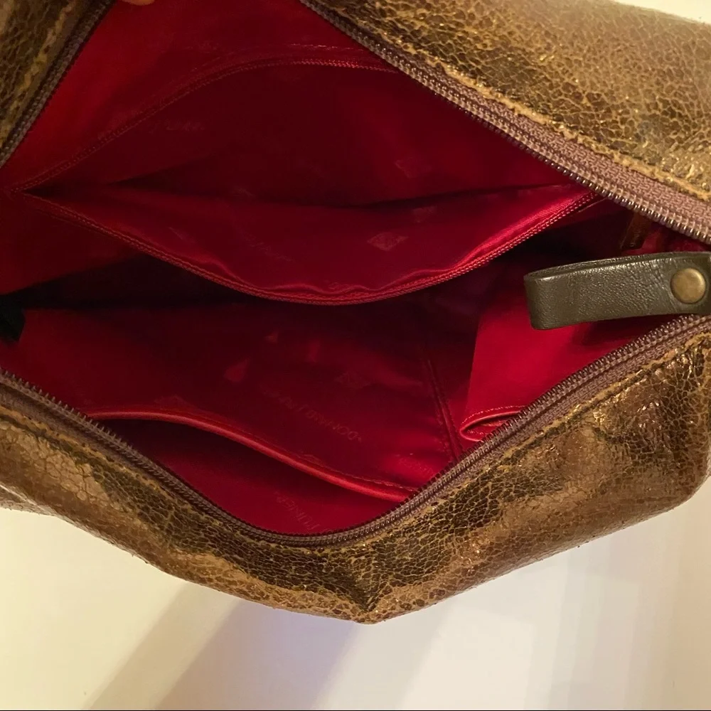 DONALD J. PLINER BAG SHOULDER BRONZE GOLD TEXTURED DARK BROWN LEATHER ZIP TOP